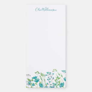 Cute Blue Watercolor Floral Border Personalized  Magnetic Notepad
