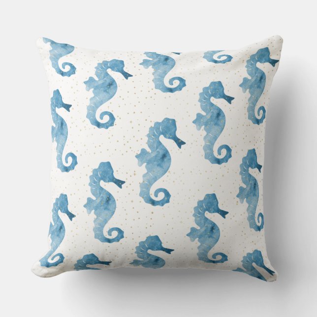 Cute Blue Watercolor Seahorses Pattern Throw Pillow (Front)