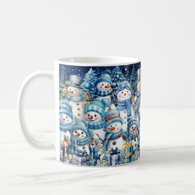 Cute Blue Watercolor Snowman Winter Collage Coffee Mug (Left)