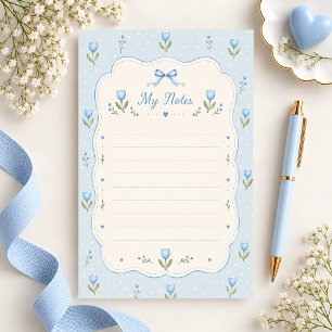 Cute Blue Watercolor Tulip Lined Stationery Paper