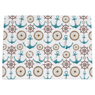 Cute Blue Watercolour Nautical Sailor Pattern Large Gift Bag