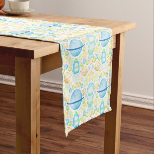 Cute Blue Watercolour Space Astronauts Birthday Short Table Runner