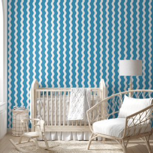 Cute Blue Wavy Ric Rac Vertical Striped Pattern Wallpaper