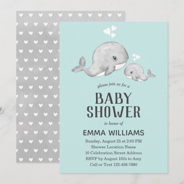 Cute Blue Whale Baby Shower Invitation - Boy (Front/Back)