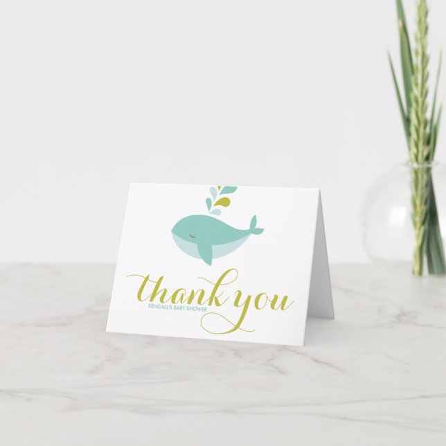 Cute Blue Whale Baby Shower Thank You Note Card II (Front)