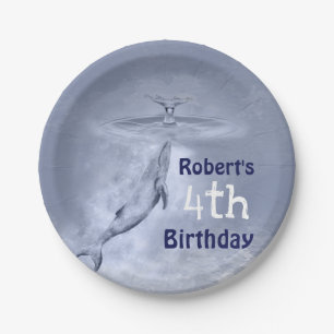 Cute Blue Whale Fourth 4th Birthday Paper Plate