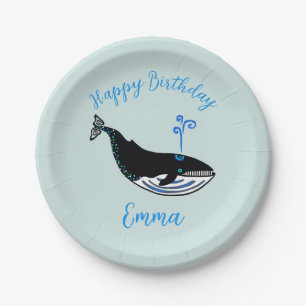 Cute Blue WHALE - Nature - Aqua party Paper Plate
