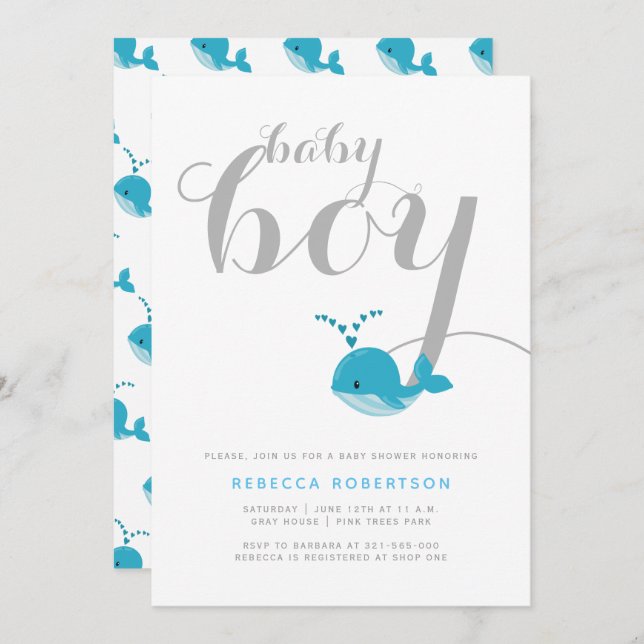 Cute blue whale typography baby boy shower invitation (Front/Back)