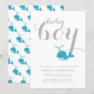 Cute blue whale typography baby boy shower invitation
