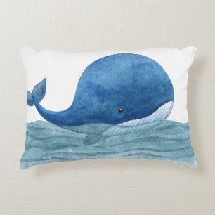 Cute Blue Whale Watercolor Illustration Accent Pillow