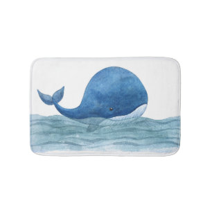 Cute Blue Whale Watercolor Illustration Bath Mat