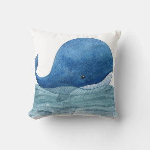 Cute Blue Whale Watercolor Illustration Throw Pillow