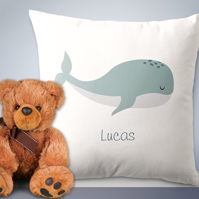 Cute Blue Whale with Personalized Name Kid Throw Pillow (Creator Uploaded)