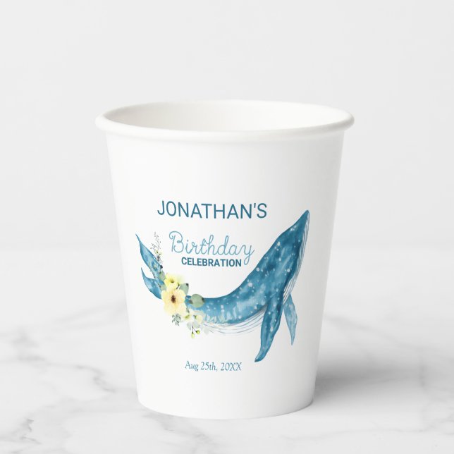 Cute Blue Whale Yellow Floral Birthday Party Paper Cups (Front)