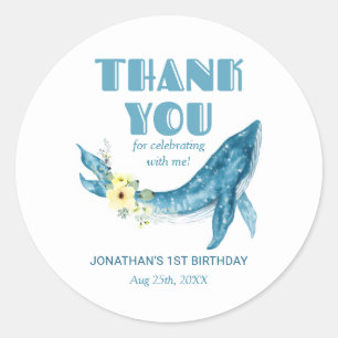 Cute Blue Whale Yellow Floral BirthdayThank You Classic Round Sticker