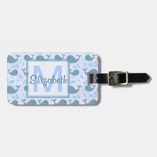 Cute Blue Whales Monogram Pattern Luggage Tag (Front Horizontal)
