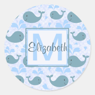 Cute Blue Whales Pattern Monogram Classic Round Sticker