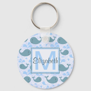 Cute Blue Whales Pattern Monogram Keychain