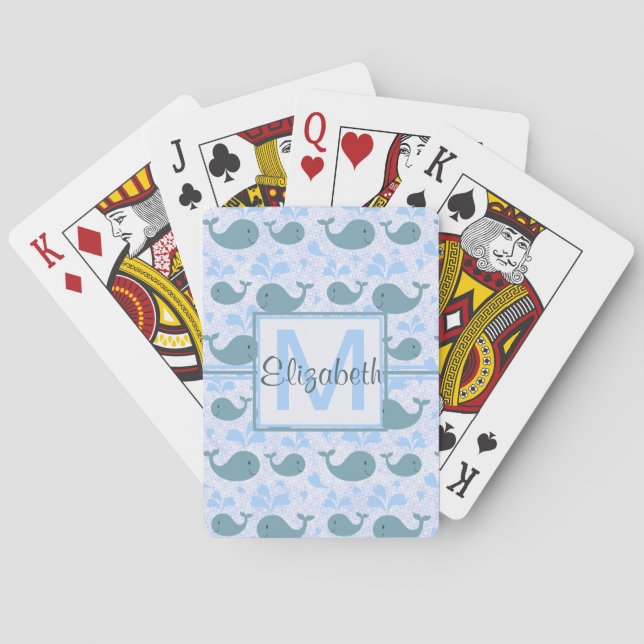 Cute Blue Whales Pattern Monogram Playing Cards (Back)