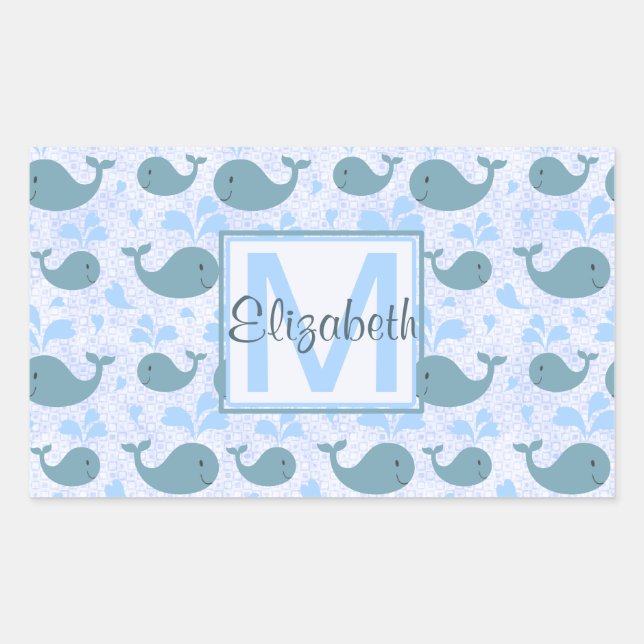 Cute Blue Whales Pattern Monogram Sticker (Front)