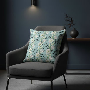 Cute Blue Whimsical Black and White Floral Patten Throw Pillow