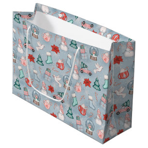 Cute Blue Whimsical Watercolor Christmas Large Gift Bag