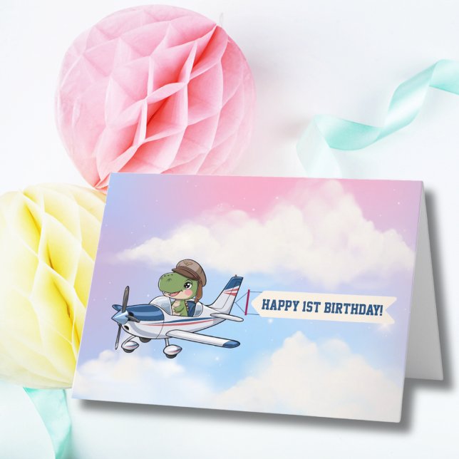 Cute Blue White Airplane & Dinosaur First Birthday Thank You Card (Creator Uploaded)
