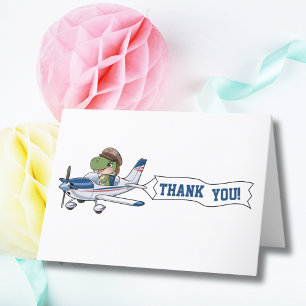 Cute Blue White Airplane & Dinosaur Kids Birthday Thank You Card