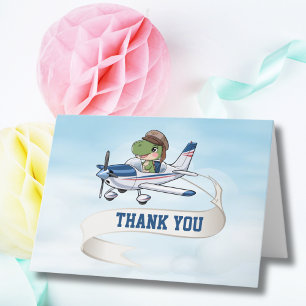 Cute Blue White Airplane & Dinosaur Kids Birthday Thank You Card
