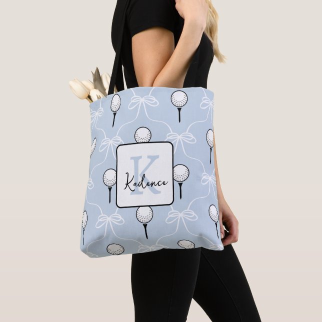 Cute Blue White Bow Golf Pattern Monogram  Tote Bag (Close Up)