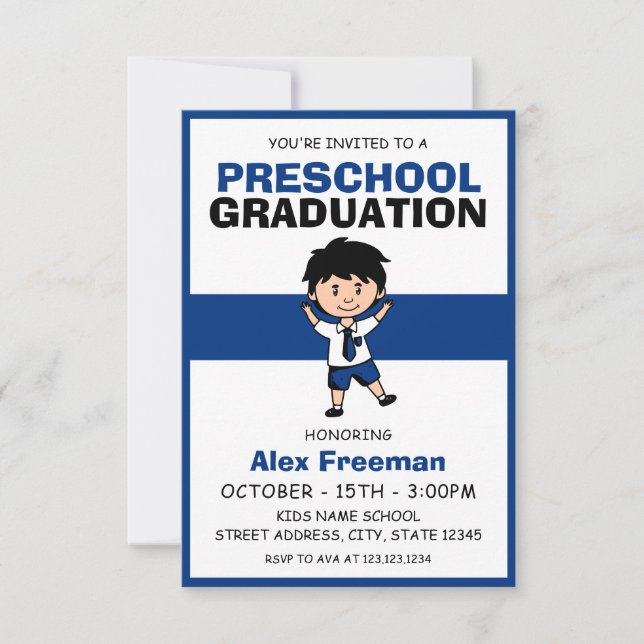 Cute Blue & White Boy Kids Preschool Graduation Invitation (Front)