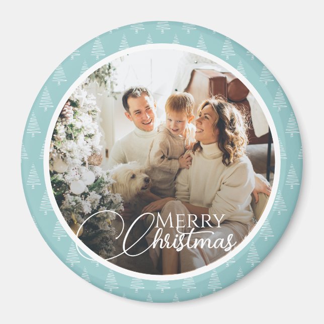 Cute Blue & White Christmas Trees Holiday Photo Magnet (Front)