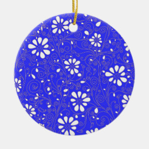 Cute blue white classic flowers pattern ceramic ornament