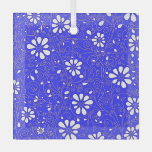 Cute blue white classic flowers pattern glass ornament
