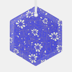 Cute blue white classic flowers pattern glass ornament