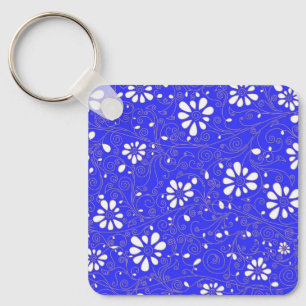 Cute blue white classic flowers pattern keychain