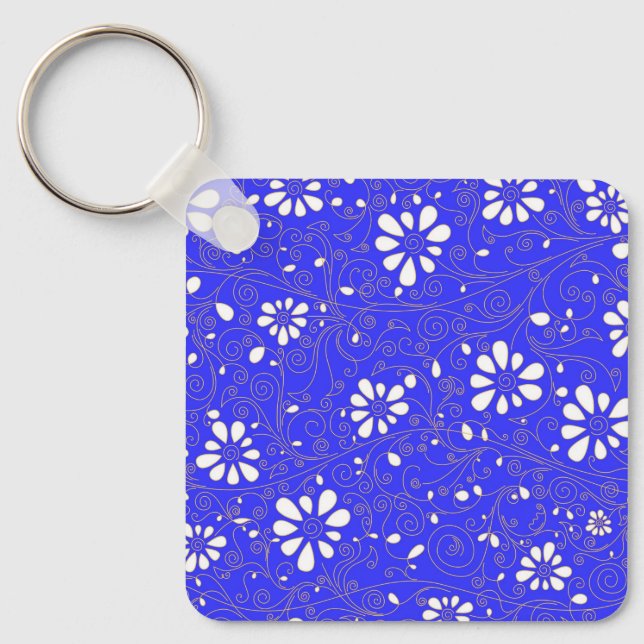 Cute blue white classic flowers pattern keychain (Front)