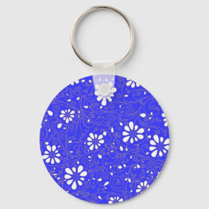 Cute blue white classic flowers pattern keychain