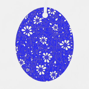 Cute blue white classic flowers pattern metal ornament