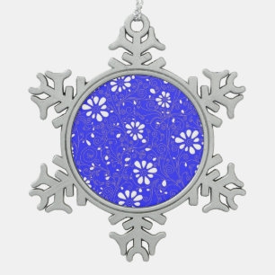 Cute blue white classic flowers pattern snowflake pewter christmas ornament