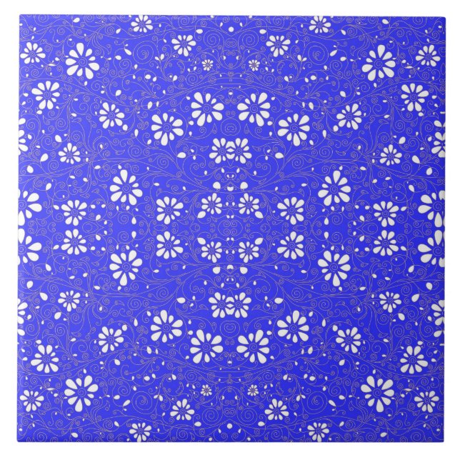 Cute blue white classic flowers pattern tile (Front)