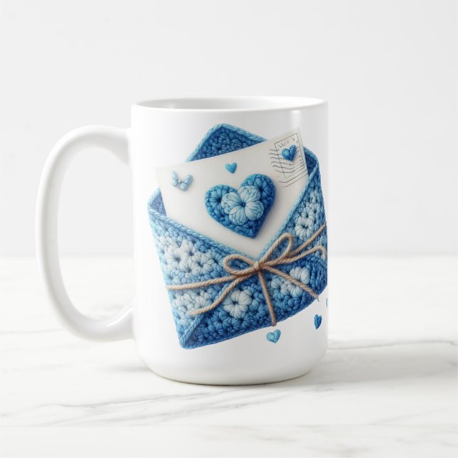 CUTE BLUE & WHITE CROCHET LOOK ENVELOPES COFFEE MUG (Left)