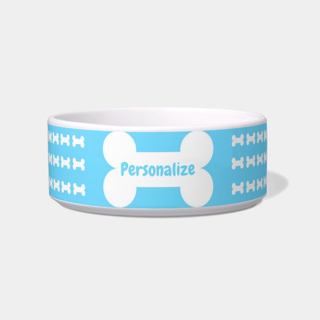Cute Blue White Dog Bone Pattern Personalized Dog Bowl (Front)