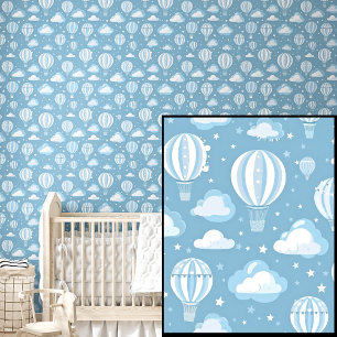 Cute Blue White Hot Air Balloons, Stars & Clouds Wallpaper