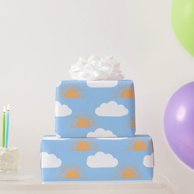 Cute blue white orange sunshine and clouds sky wrapping paper (Party Gifts)