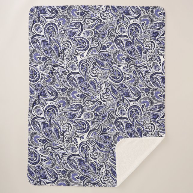 Cute blue white paisley patterns design sherpa blanket (Front)