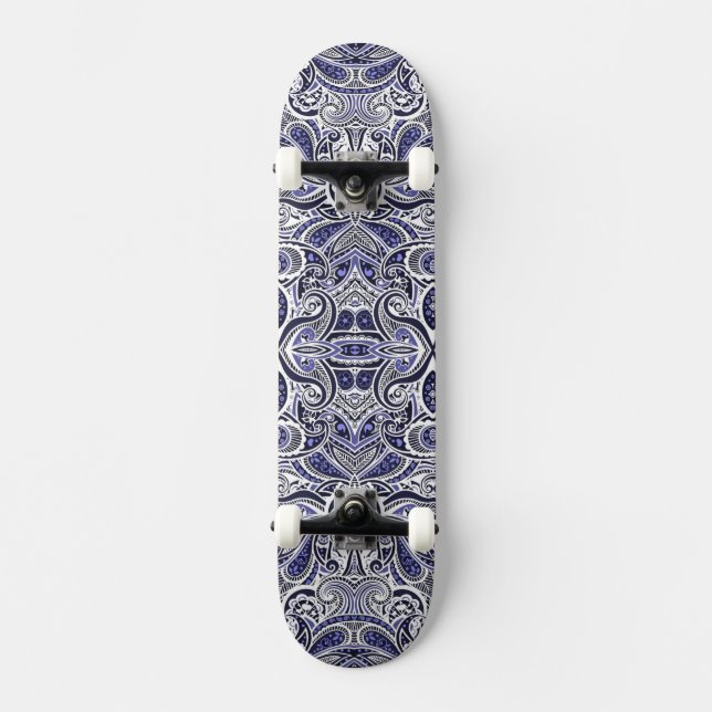 Cute blue white paisley patterns design skateboard (Front)