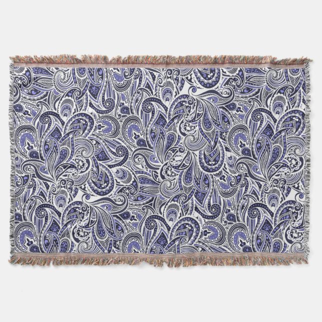 Cute blue white paisley patterns design throw blanket (Front)