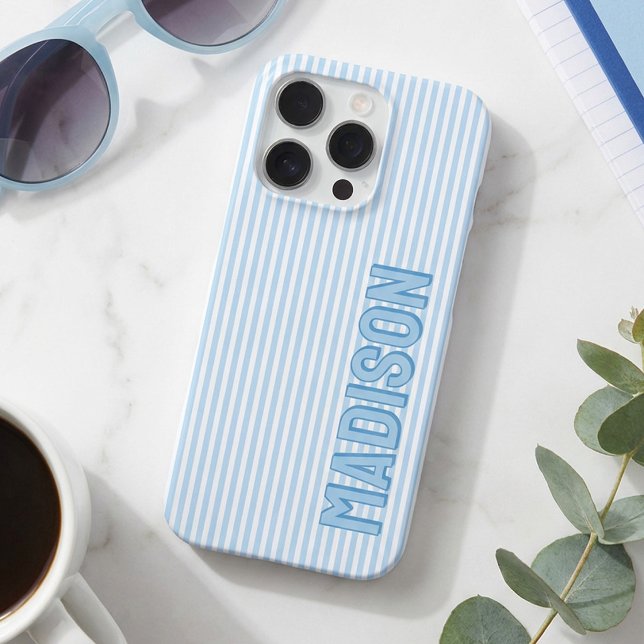Cute Blue & White Pinstripe Personalized Name iPhone Case (Creator Uploaded)