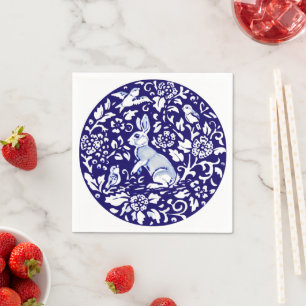 Cute Blue White Rabbit Standing Bunny Dedham Delft Napkin